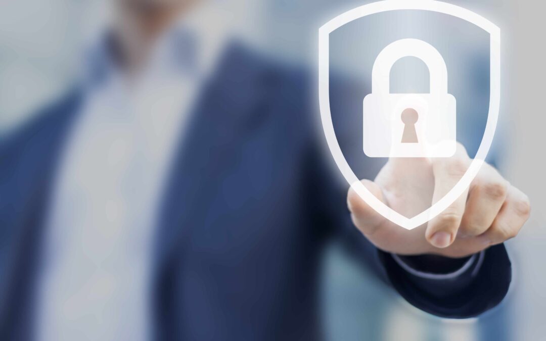 Person touching shield with lock, concept about security, cybersecurity, protection