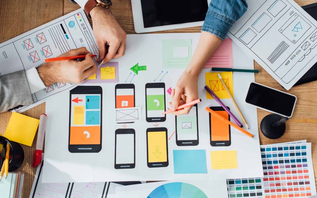 Top view of designers creative app interface for user experience