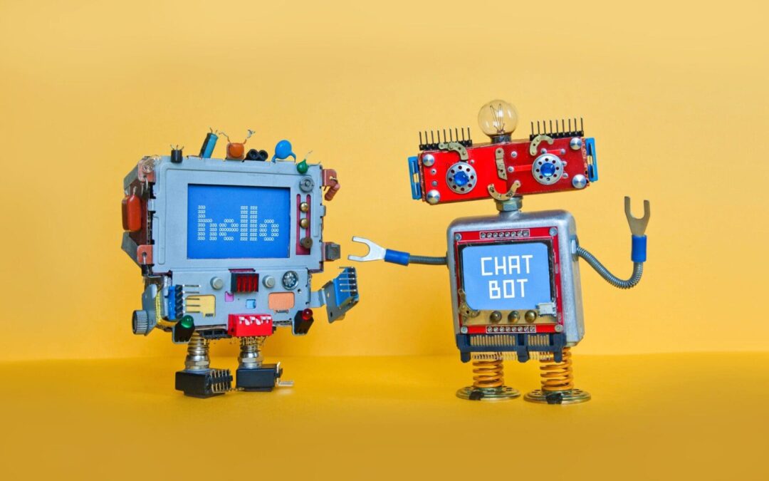 Chat bot robot welcomes android robotic character Creative design toys on yellow background
